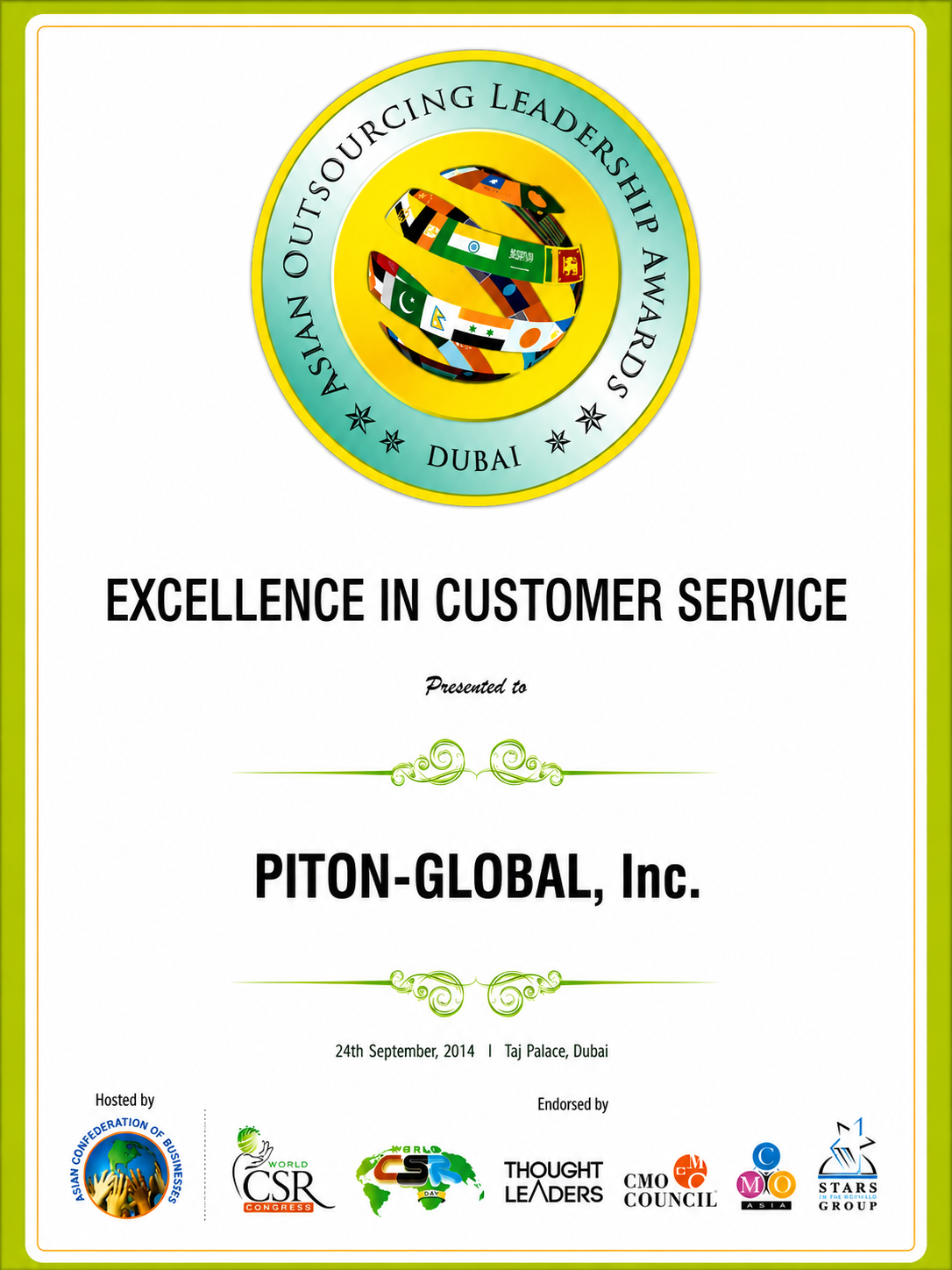 Excellence in Customer Service certificate — Asian Outsourcing Leadership Awards, Dubai
