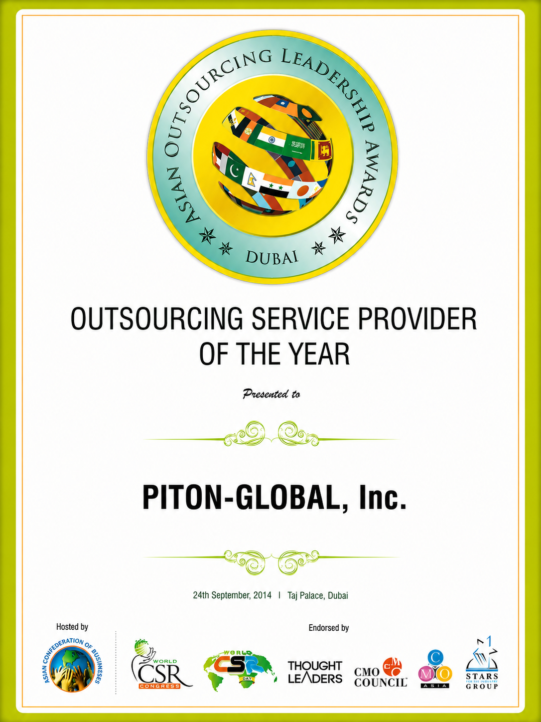 Outsourcing Service Provider of the Year certificate — Asian Outsourcing Leadership Awards, Dubai