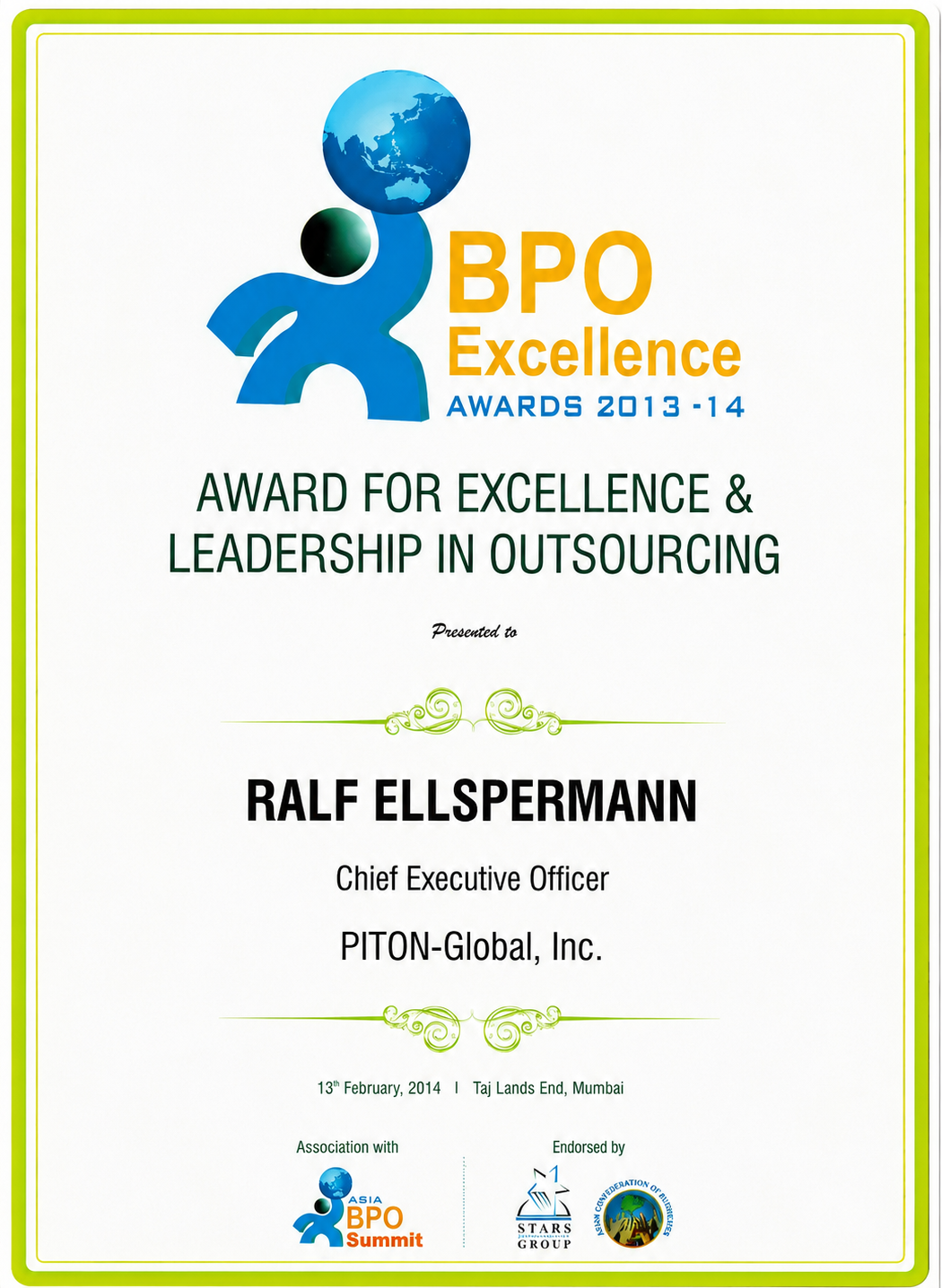 BPO Excellence Award for Excellence and Leadership in Outsourcing — Mumbai