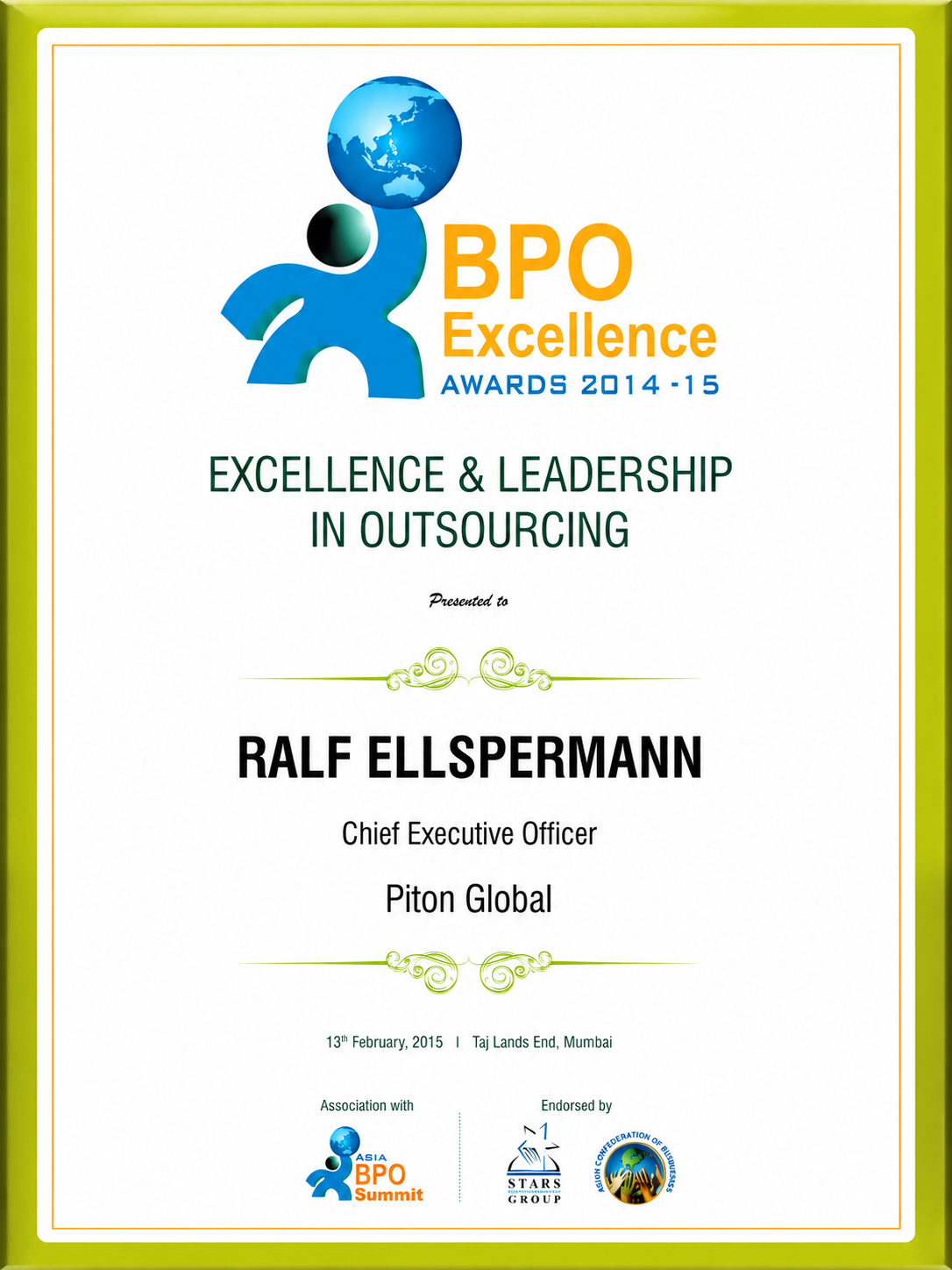 BPO Excellence Award for Excellence and Leadership in Outsourcing — Mumbai