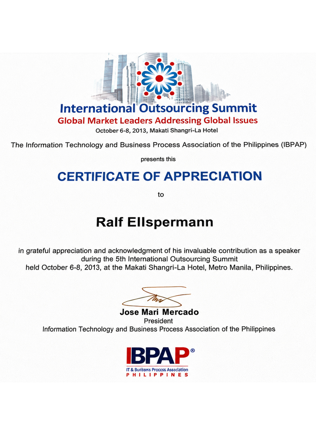 IBPAP Certificate of Recognition — Expert Panelist at the International Outsourcing Summit