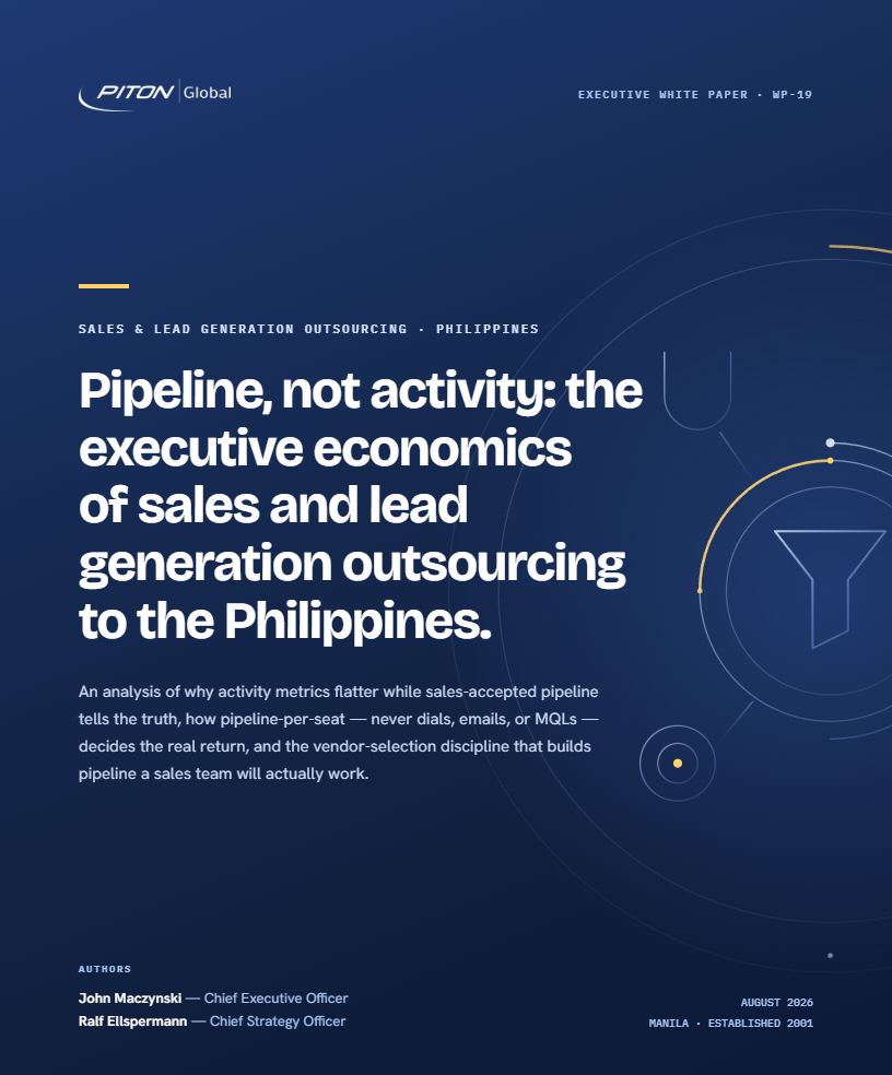 White paper cover — PITON-Global WP-19, Pipeline, Not Activity: Sales & Lead Generation Outsourcing to the Philippines