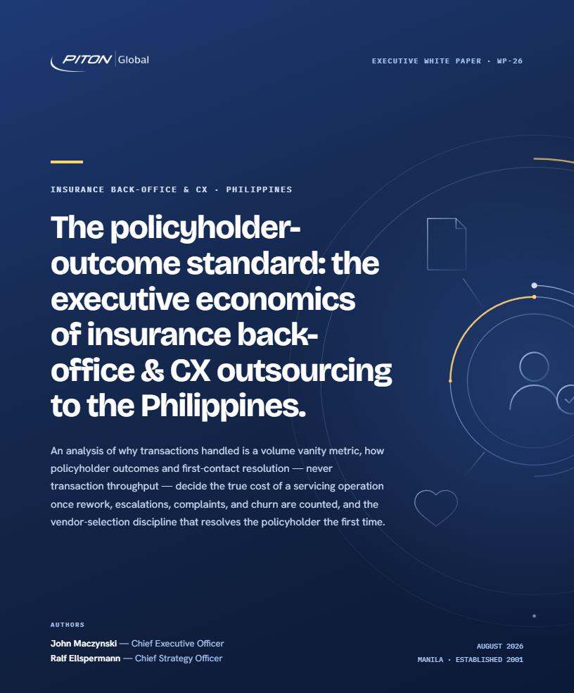 White paper cover &mdash; PITON-Global WP-26, The Policyholder-Outcome Standard: The Economics of Insurance Back-Office & CX Outsourcing