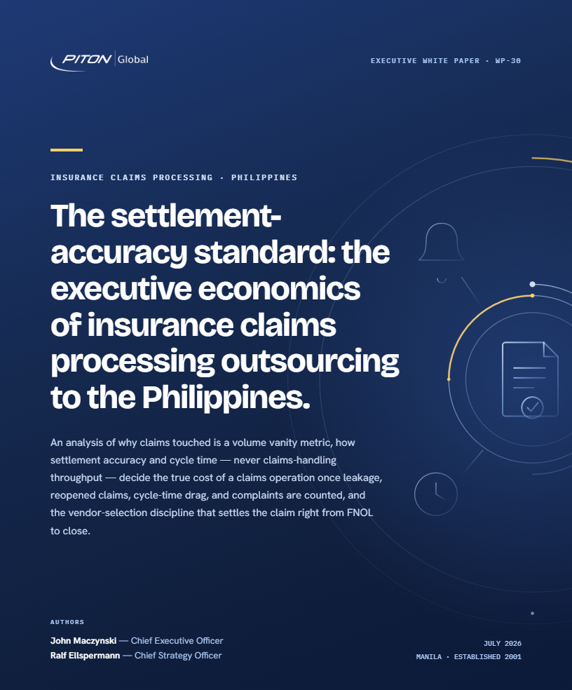 White paper cover &mdash; PITON-Global WP-30, The Settlement-Accuracy Standard: Insurance Claims Processing Outsourcing