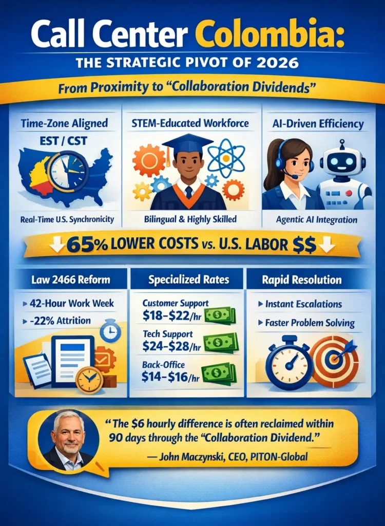 Infographic showing why Colombia is the nearshore call center hub of 2026, highlighting EST/CST time-zone alignment, bilingual STEM talent, Agentic AI integration, Law 2466 labor reforms, specialized pricing tiers ($18–$28/hr), and up to 65% cost savings compared to US labor.