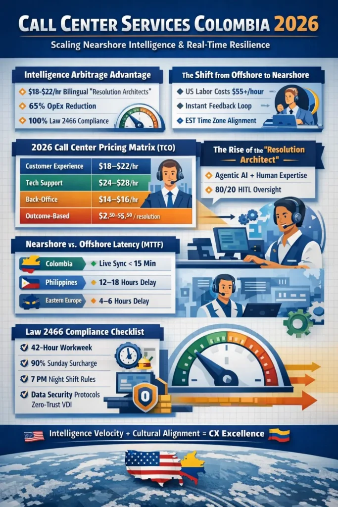 Infographic showing Colombia call center outsourcing in 2026, highlighting intelligence arbitrage, $18–$22 hourly CX pricing, 65% OpEx reduction, nearshore real-time collaboration, Agentic AI with human oversight, and Law 2466 compliance.