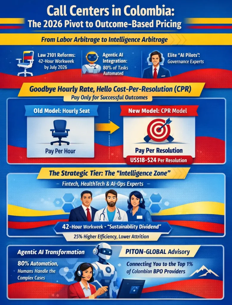 Call centers in Colombia 2026 infographic showing the shift from hourly pricing to cost-per-resolution (CPR), Agentic AI automation, Law 2101 42-hour workweek reform, and elite Colombian AI pilots driving outcome-based BPO operations.