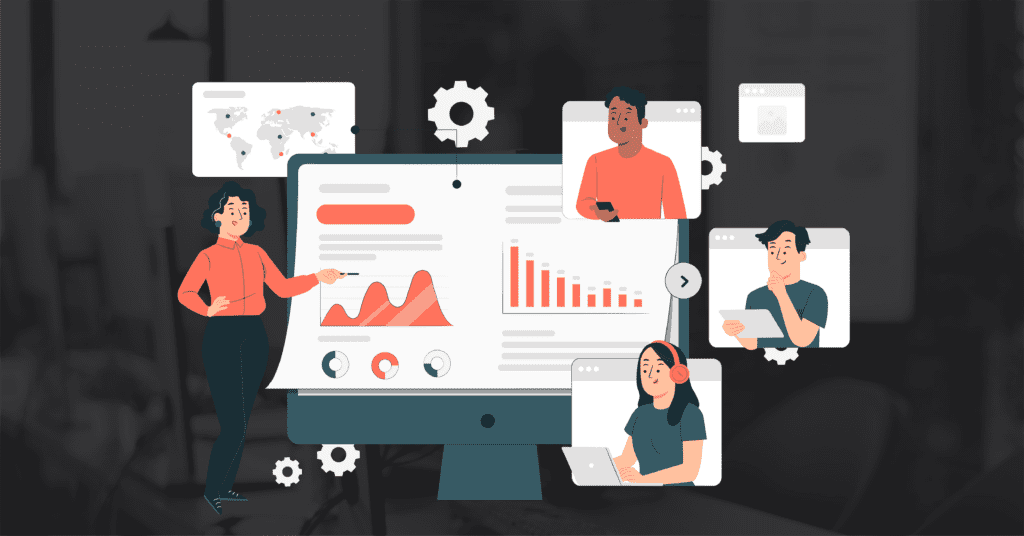 Illustrated banner showing remote team collaboration and data charts for BPO transition.