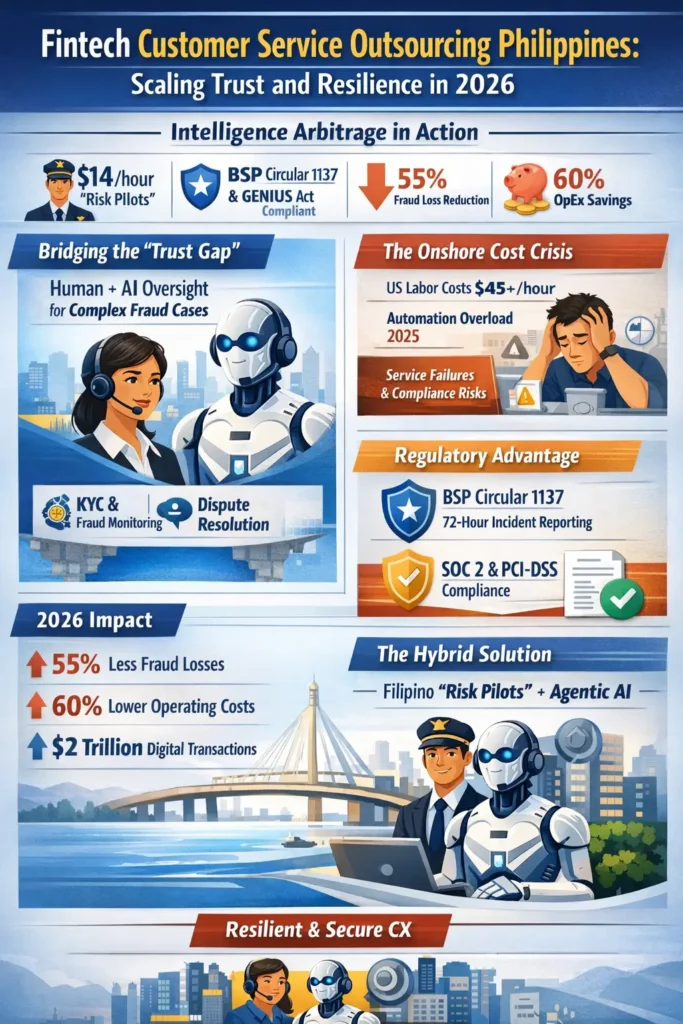 Infographic showing how fintech customer service outsourcing to the Philippines in 2026 combines Agentic AI with Filipino “Risk Pilots” to reduce fraud losses by 55%, cut operating costs by 60%, and ensure compliance with BSP Circular 1137 and the GENIUS Act.