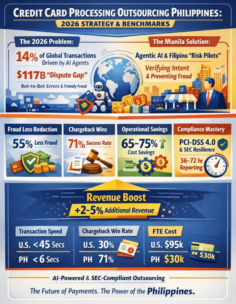 Infographic titled "Credit Card Processing Outsourcing Philippines: 2026 Strategy & Benchmarks" detailing the move to Agentic AI and Risk Pilots to close the $117B Dispute Gap.

