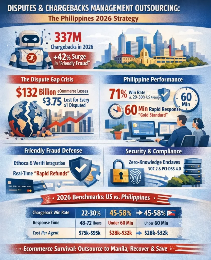 Infographic titled "Disputes & Chargebacks Management Outsourcing: The Philippines 2026 Strategy" illustrating how to recover e-commerce losses from friendly fraud.