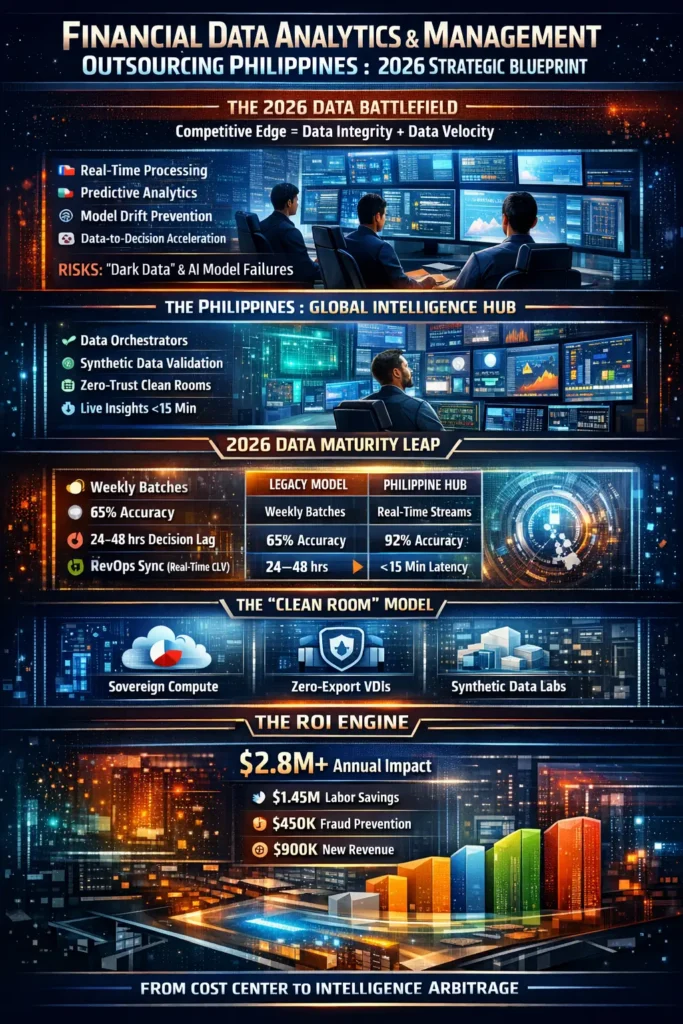Infographic titled "Financial Services Data Analytics & Management Outsourcing Philippines: 2026 Strategic Blueprint" highlighting the transition from static reporting to autonomous, "self-healing" data pipelines.