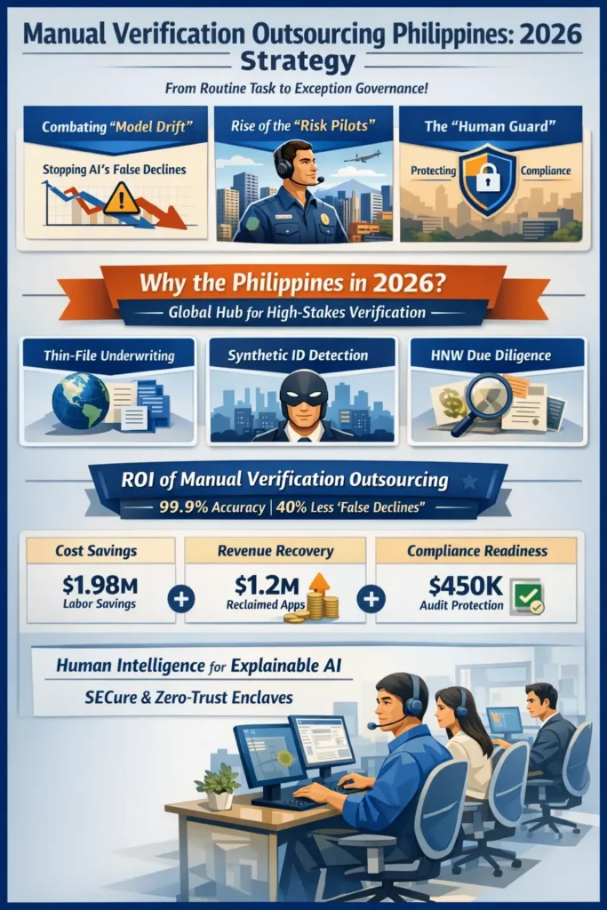 Infographic titled "Financial Services Manual Verification Outsourcing Philippines: 2026 Strategy" illustrating the shift from 100% AI "Black Box" decisions to a Human-in-the-Loop (HITL) model for high-complexity exceptions.
