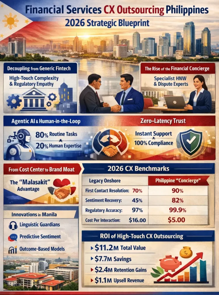 Infographic titled "Financial Services Customer Experience (CX) Outsourcing Philippines: 2026 Strategic Blueprint" illustrating the shift from reactive call centers to proactive Customer Success Hubs using High-EQ Risk Pilots.
