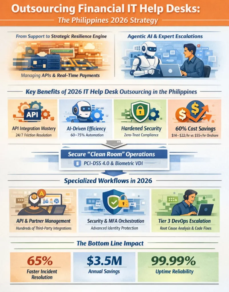 Infographic titled "Financial Services IT Help Desk Outsourcing Philippines: 2026 Strategy" illustrating the shift from reactive "break-fix" support to a proactive, DevOps-integrated Resilience Engine