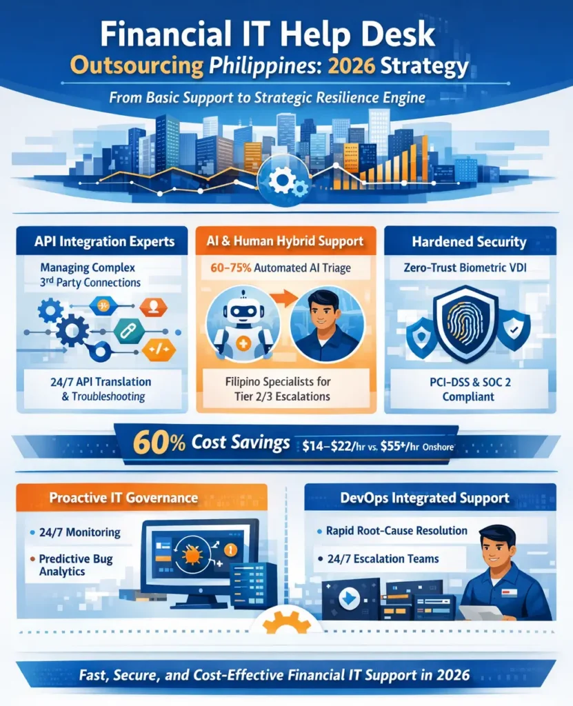  Infographic titled "Financial Services Technical Support Outsourcing Philippines: 2026 Strategy" illustrating the shift from reactive troubleshooting to proactive ecosystem resilience.
