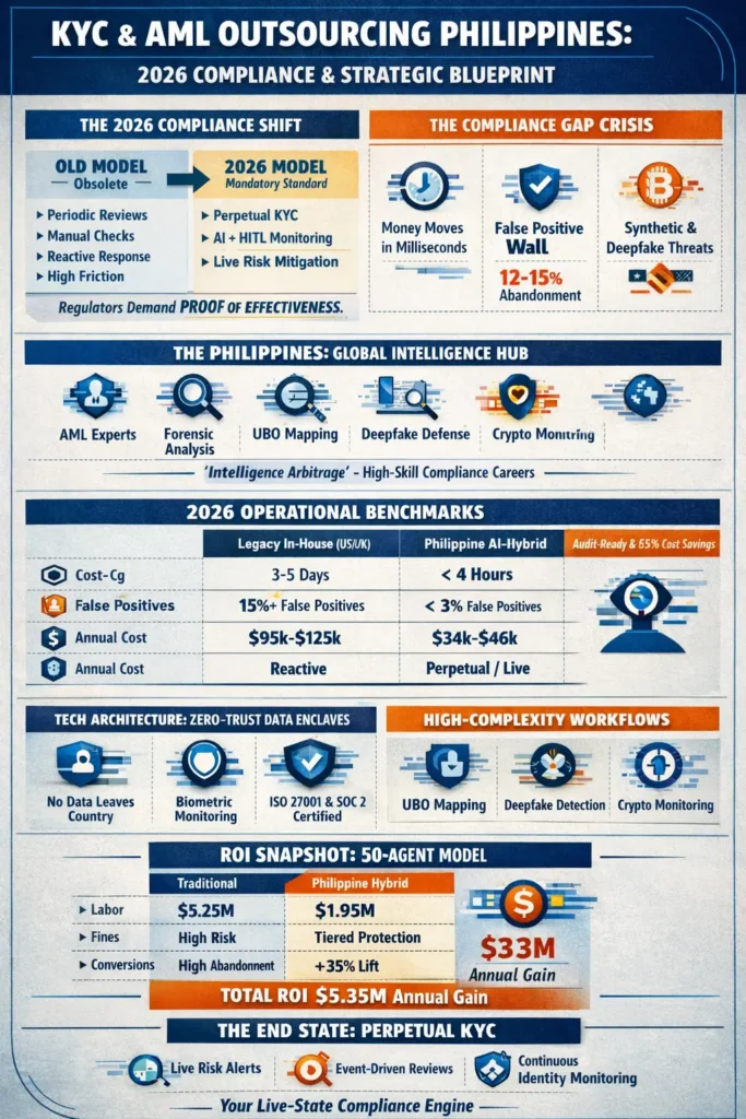 Infographic titled "KYC & AML Outsourcing Philippines: 2026 Compliance & Strategic Blueprint" illustrating the shift from periodic reviews to Perpetual KYC and Human-in-the-Loop (HITL) forensic validation.

