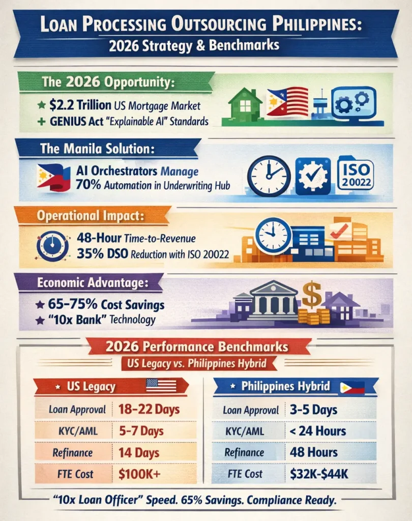 Infographic titled "Loan Processing Outsourcing Philippines: 2026 Strategy & Benchmarks" comparing US Legacy systems against the Philippines Hybrid model.
