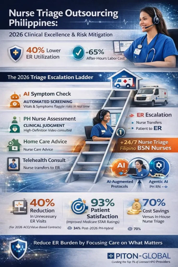 Infographic illustrating the 2026 nurse triage escalation process, showing how Philippine-licensed nurses and AI collaborate to direct patients to the appropriate level of care.