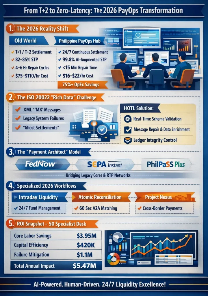 Infographic titled "Payment Operations Outsourcing Philippines: 2026 Strategic Blueprint" illustrating the shift from reactive back-office tasks to proactive, real-time liquidity orchestration and ISO 20022 message repair.