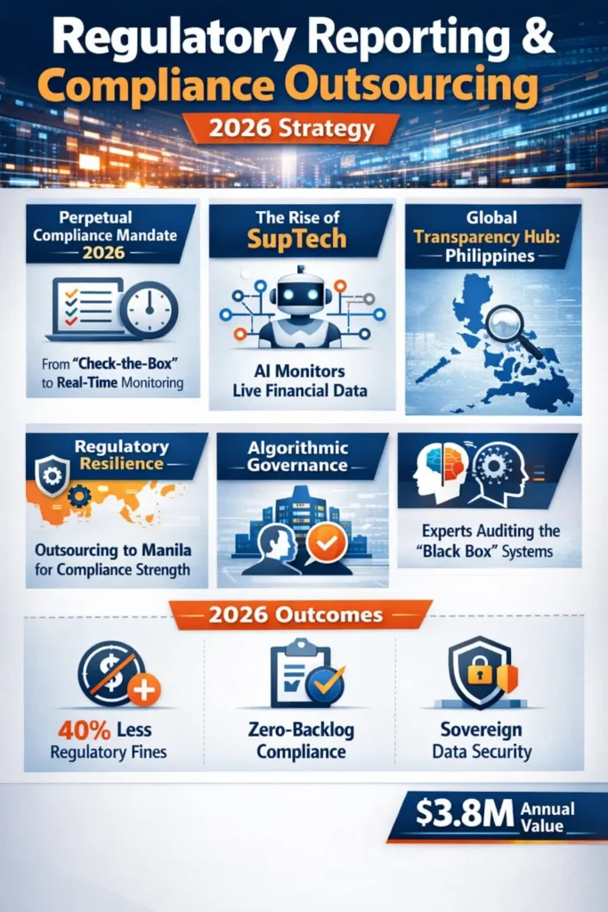 Infographic titled "Regulatory Reporting & Compliance Management: 2026 Governance Strategy" illustrating the shift from static PDF reporting to real-time AI explainability audits and SupTech integration.
