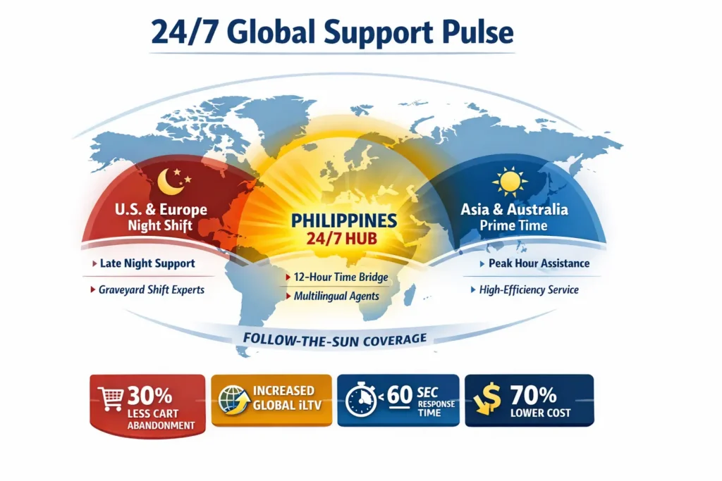 Infographic of the 2026 "Always-On" Global Economy loop in the Philippines, illustrating a 4-stage "Sun-Sync" model: Predictive Night Monitoring, Follow-the-Sun Handover, Multilingual Live-Closing, and Tier-4 Infrastructure Resilience.