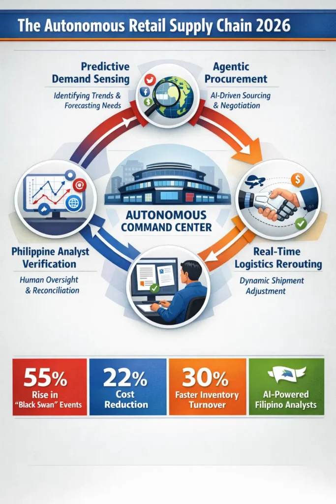 Infographic of the 2026 Autonomous Retail Supply Chain Loop in the Philippines, illustrating a 4-stage cycle: Predictive Demand Sensing, Agentic Procurement, Real-time Logistics Rerouting, and Philippine Analyst Verification.
