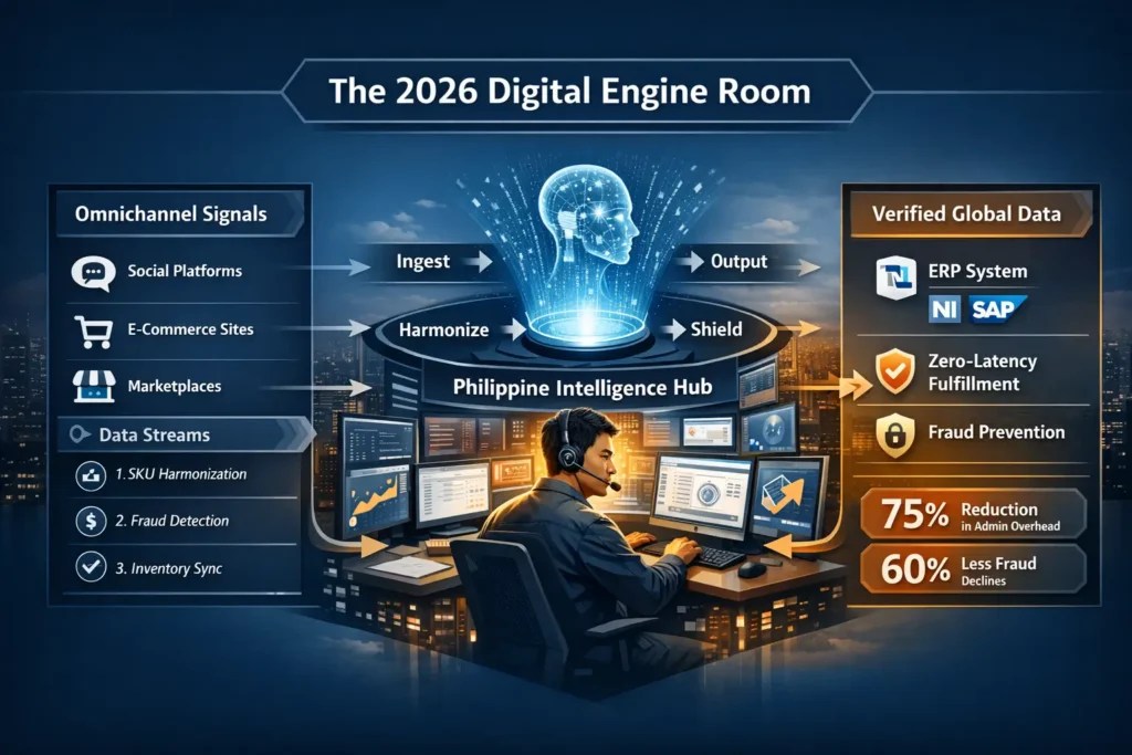 Infographic of the 2026 Digital Engine Room in the Philippines, illustrating the Intelligence Flow from omnichannel signals through Agentic AI harmonization and behavioral fraud detection to zero-latency fulfillment.