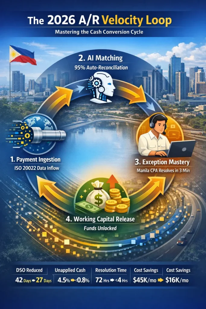 Infographic of the 2026 Cash Conversion Cycle in the Philippines, illustrating the 4-stage "Atomic" flow: ISO 20022 Data Ingestion, Atomic Cash Application, Dispute-Link Remediation, and Daily Continuous Close.