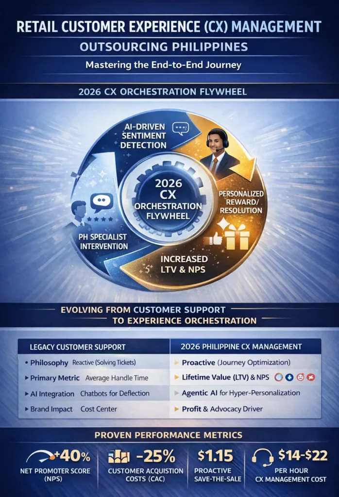 Infographic of the 2026 CX Orchestration Flywheel in the Philippines, showing the integration of AI-driven sentiment detection with high-EQ human intervention to drive 40% higher NPS and 25% lower CAC.
