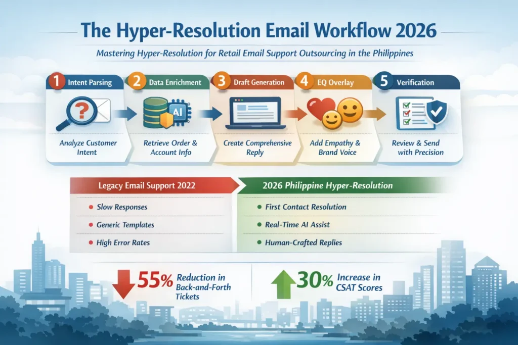 Infographic of the 2026 Hyper-Resolution Email Workflow in the Philippines, illustrating a 5-step process: Intent Parsing, Agentic AI Data Enrichment, Draft Generation, EQ-Overlay, and Human Verification.