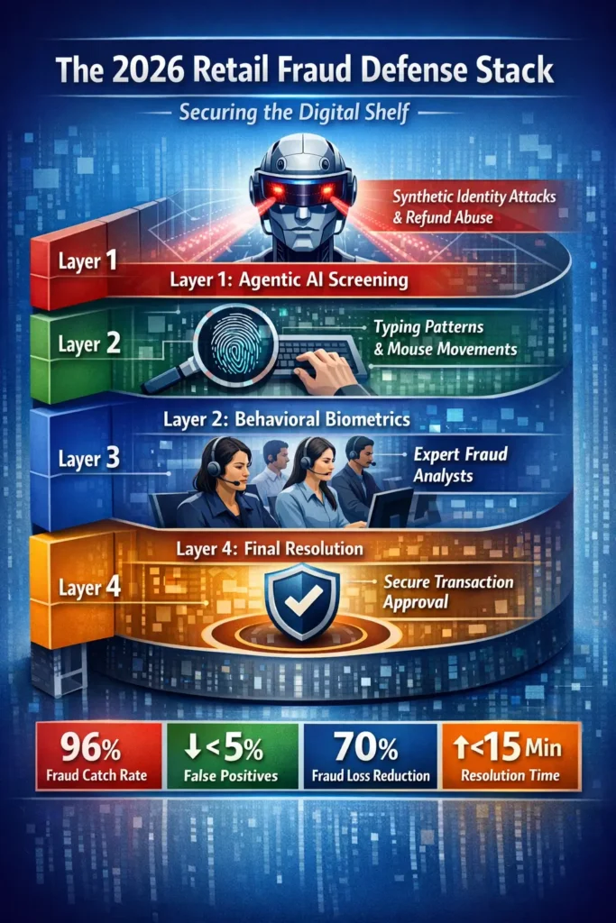 Infographic of the 2026 Retail Fraud Defense Stack in the Philippines, illustrating a 4-layer security model: Agentic AI Screening, Behavioral Biometrics, Philippine Human-in-the-Loop Triage, and Final Resolution.
