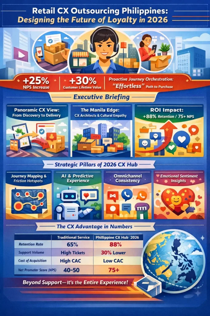 Infographic of the 2026 Retail CX Journey Loop in the Philippines, illustrating a 4-stage "Architectural" flow: Behavioral Friction Sensing, Predictive Next-Best-Experience, Narratival Voice Consistency, and Emotional Sentiment Benchmarking.
