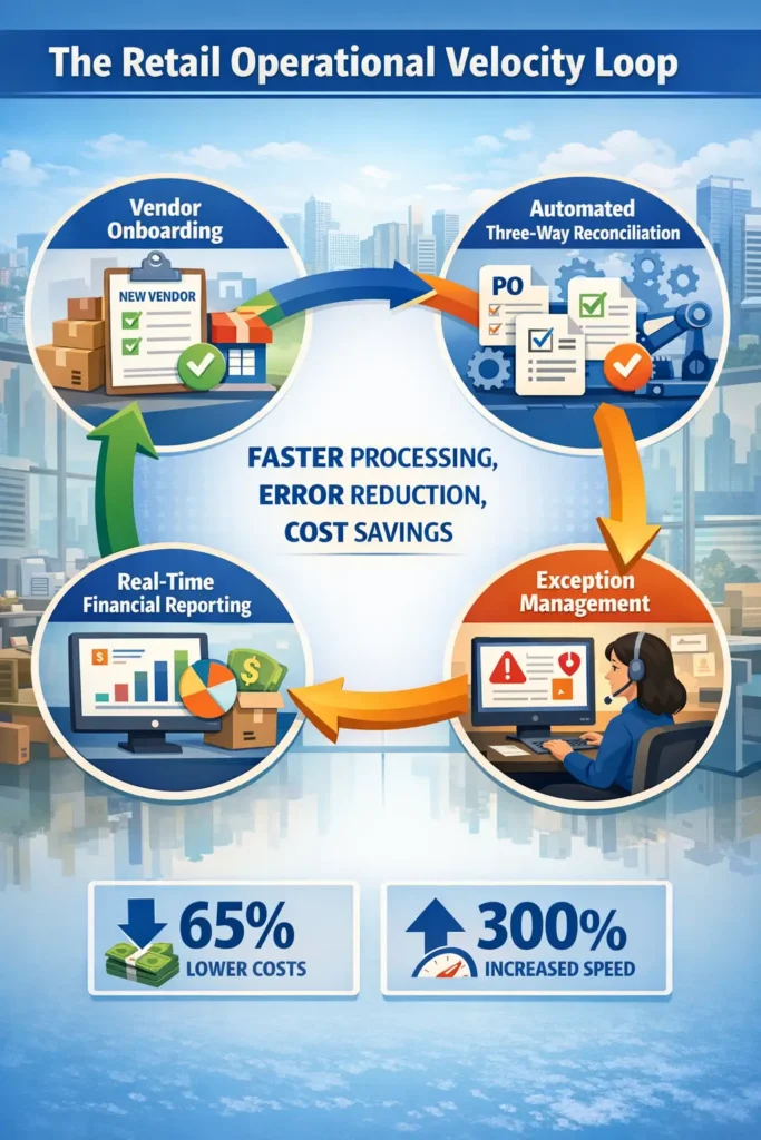 Infographic of the 2026 Retail Operational Velocity Loop in the Philippines, illustrating the 4-stage flow: Vendor Onboarding, Automated Three-Way Reconciliation, Exception Management, and Real-time Financial Reporting.
