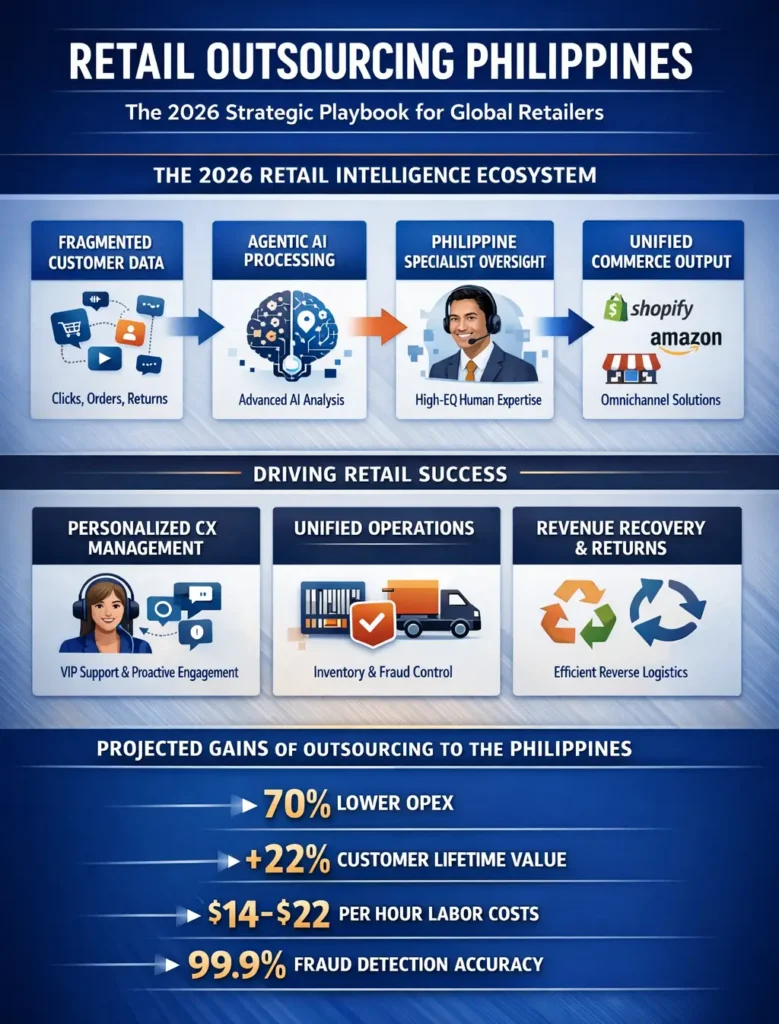 Infographic of the 2026 Retail Intelligence Ecosystem in the Philippines, showing the flow from fragmented data to Agentic AI processing, overseen by high-EQ Filipino specialists, resulting in a 38% Return-to-Exchange rate.
