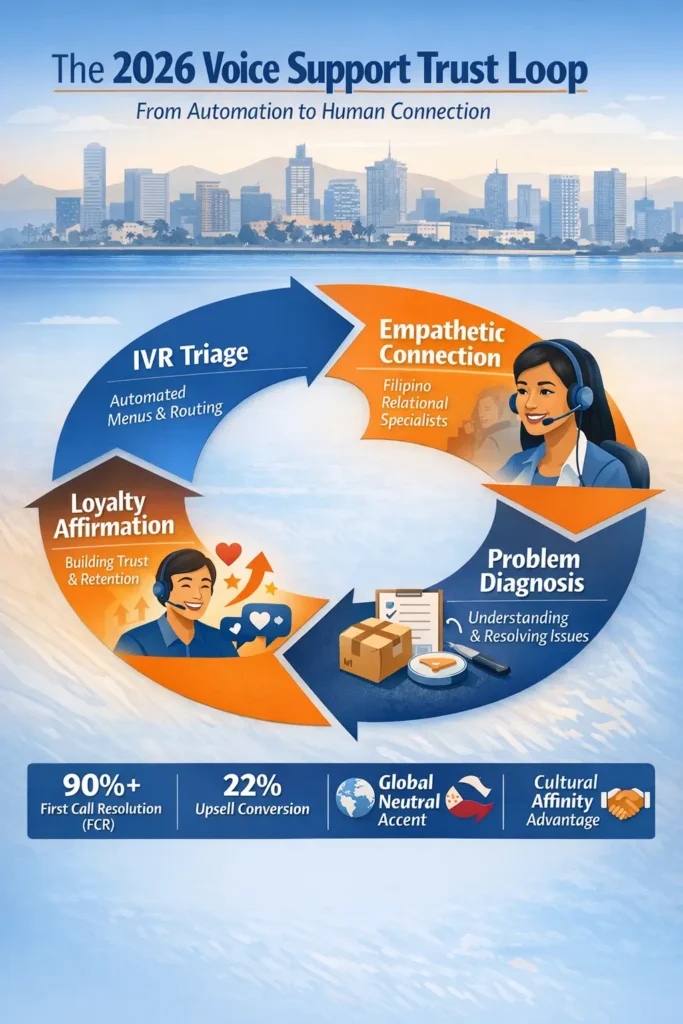Infographic of the 2026 Voice Support Trust Loop in the Philippines, showing the flow from IVR Triage to Empathetic Connection, Problem Diagnosis, and Loyalty Affirmation, resulting in 92% FCR.