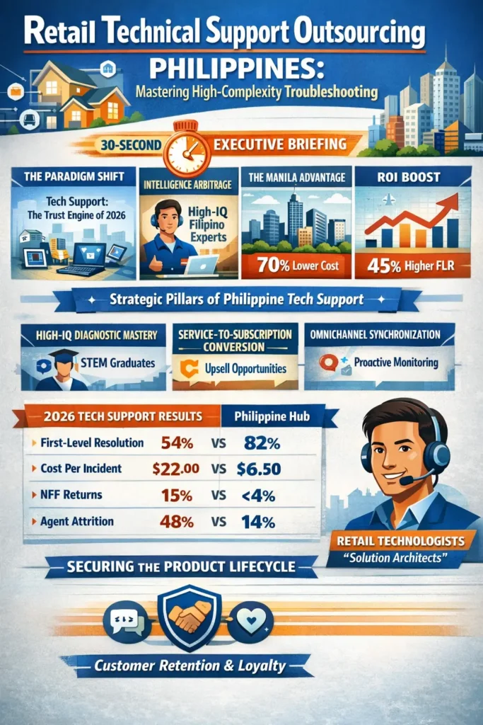  Infographic of the 2026 Technical Return-Prevention Engine in the Philippines, showing the flow from IoT-triggered diagnostic alerts to high-IQ specialist intervention, resulting in a 45% increase in First-Level Resolution (FLR).