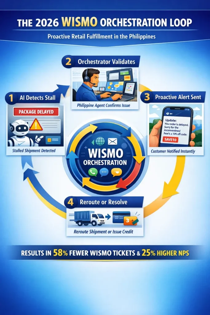 Infographic of the 2026 WISMO Orchestration Loop in the Philippines, illustrating 4 stages: AI-detected carrier stall, specialist validation, proactive customer notification, and autonomous rerouting or credit issuance.
