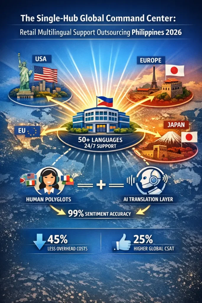 Infographic of the 2026 Single-Hub Global Command Center in the Philippines, showing a central hub in Manila radiating to markets in the US, EU, China, and Japan, utilizing a hybrid model of Human Polyglots and Agentic AI Translation Overlays.