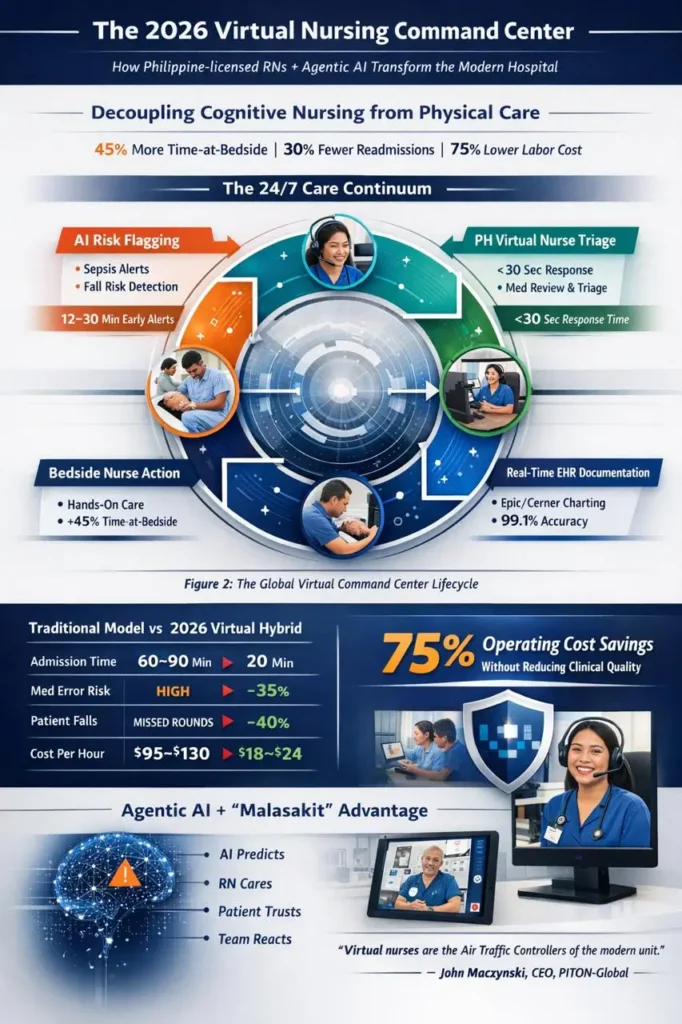 Process diagram of a Virtual Nursing Command Center workflow, illustrating how Philippine-licensed nurses use AI alerts and telepresence to support bedside teams and improve patient safety.