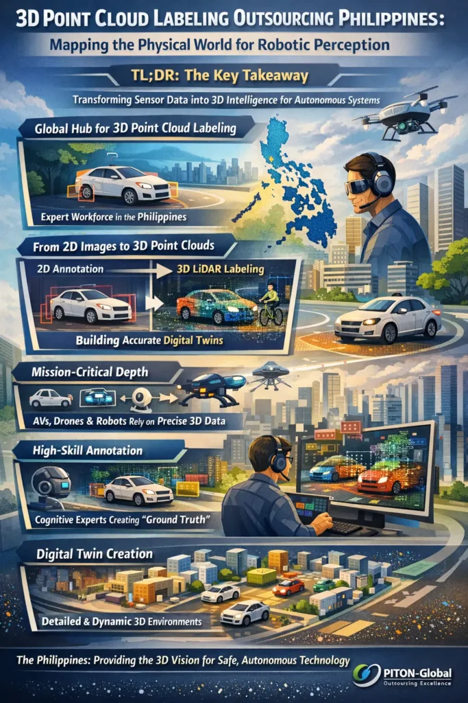 Infographic showing how 3D point cloud labeling outsourcing in the Philippines converts LiDAR sensor data into structured spatial intelligence through human-in-the-loop annotation for robotics and autonomous systems.