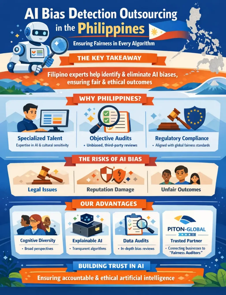 Infographic titled “AI Bias Detection Outsourcing in the Philippines” showing how Filipino experts audit algorithms for bias using fairness metrics, explainable AI, adversarial testing, and data audits to ensure ethical, compliant, and trustworthy artificial intelligence.
