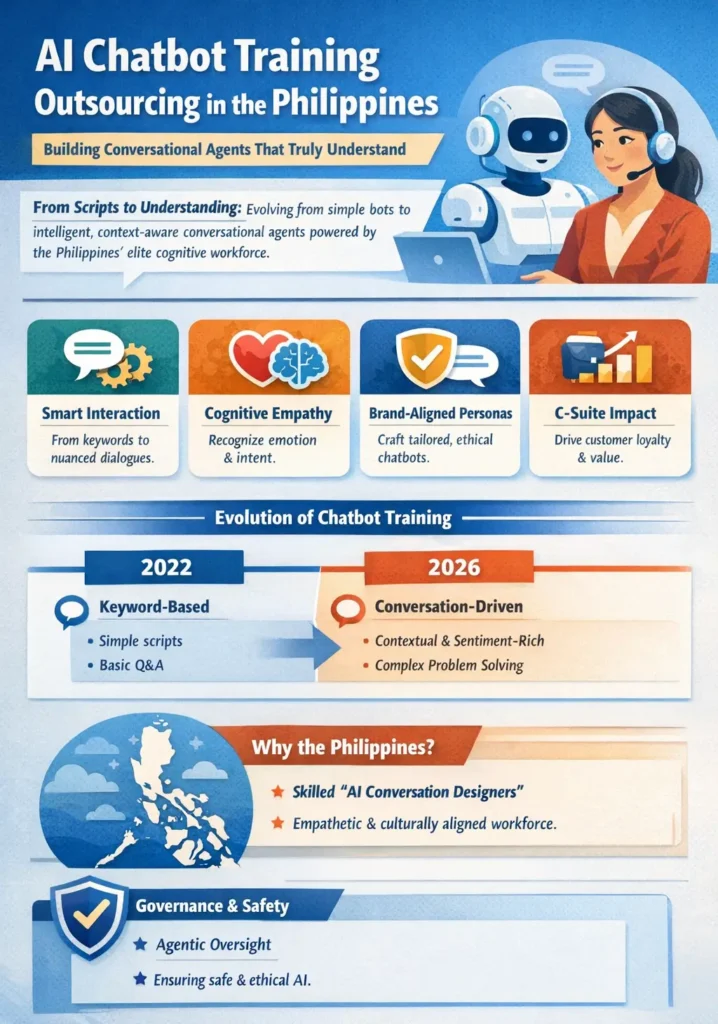 AI chatbot training outsourcing in the Philippines infographic showing the evolution from keyword-based bots to human-in-the-loop conversational AI, including conversation design, cognitive empathy, and agentic governance frameworks.