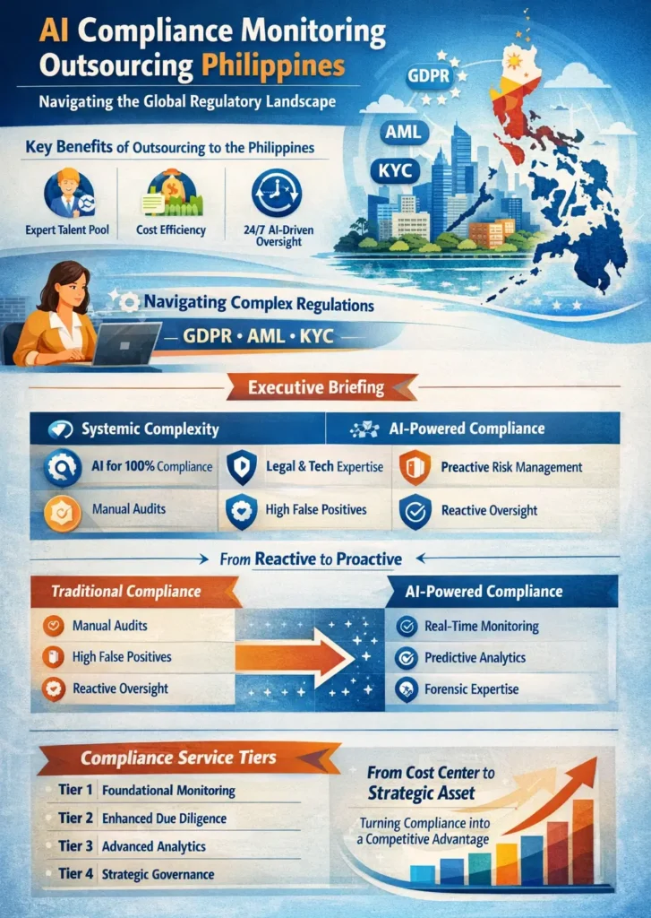 Infographic titled “AI Compliance Monitoring Outsourcing Philippines” showing benefits of outsourcing compliance monitoring to the Philippines, including expert talent, cost efficiency, and 24/7 AI-driven oversight; compares traditional manual compliance with AI-powered monitoring and highlights service tiers from foundational monitoring to strategic governance for managing regulations such as GDPR, AML, and KYC.