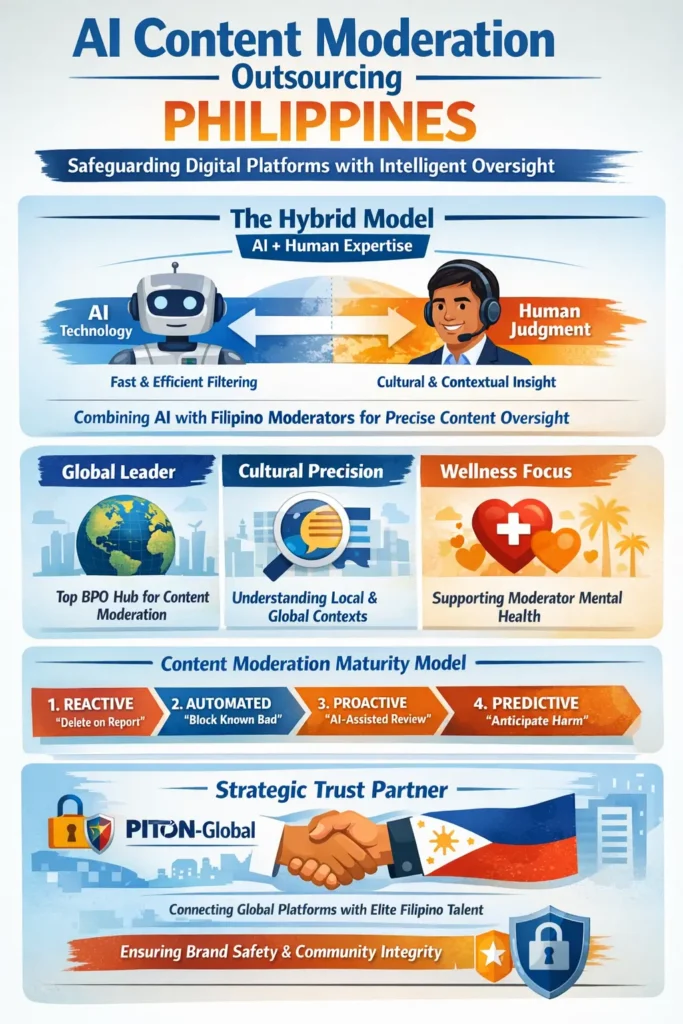 Infographic titled “AI Content Moderation Outsourcing Philippines” showing a hybrid moderation model where AI performs fast automated filtering and Filipino moderators provide contextual judgment. It highlights the Philippines as a global BPO leader, emphasizes cultural precision and moderator wellness, presents a four-stage content moderation maturity model (Reactive, Automated, Proactive, Predictive), and features PITON-Global connecting digital platforms with elite Philippine moderation teams to ensure brand safety and community integrity.