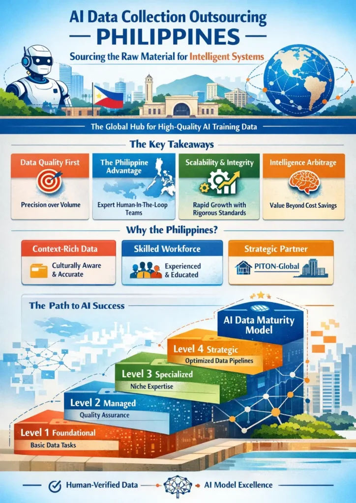 Infographic titled “AI Data Collection Outsourcing Philippines: Sourcing the Raw Material for Intelligent Systems,” highlighting key advantages such as data quality over volume, expert human-in-the-loop teams, scalable data operations, intelligence arbitrage, and a four-level AI data maturity model from foundational data tasks to strategic optimized pipelines.
