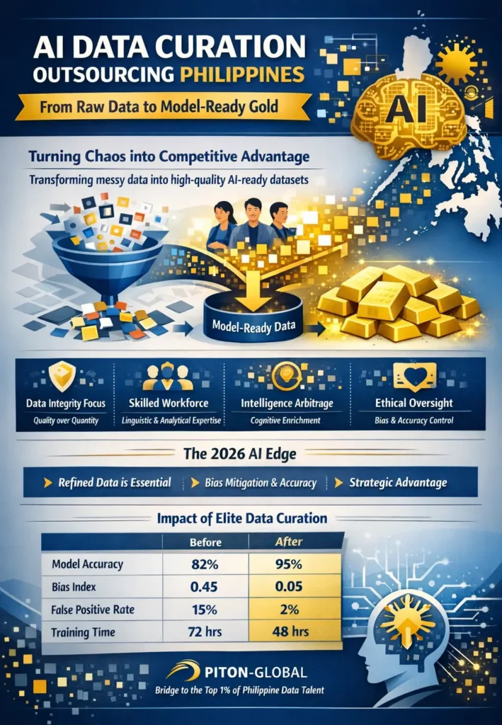Infographic showing how AI data curation outsourcing in the Philippines converts raw data into model-ready datasets through human-in-the-loop expertise, improving model accuracy, reducing bias, and enhancing AI training efficiency.