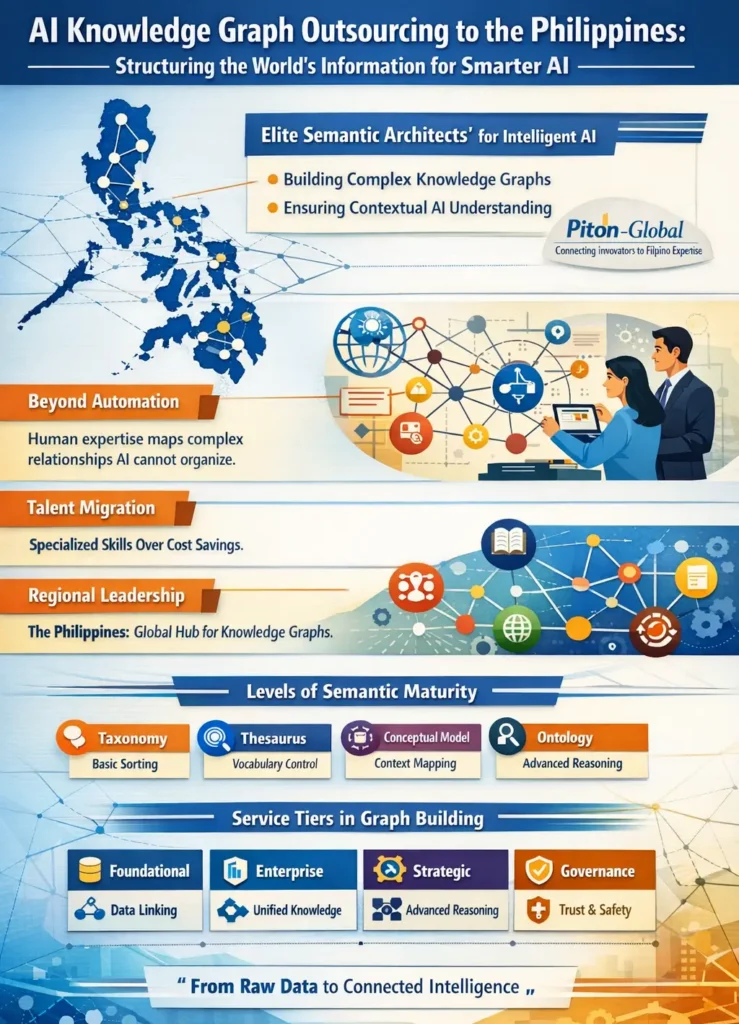 AI knowledge graph building outsourcing in the Philippines showing how Filipino Semantic Architects structure data into entities, relationships, and ontologies to power smarter, context-aware artificial intelligence systems.