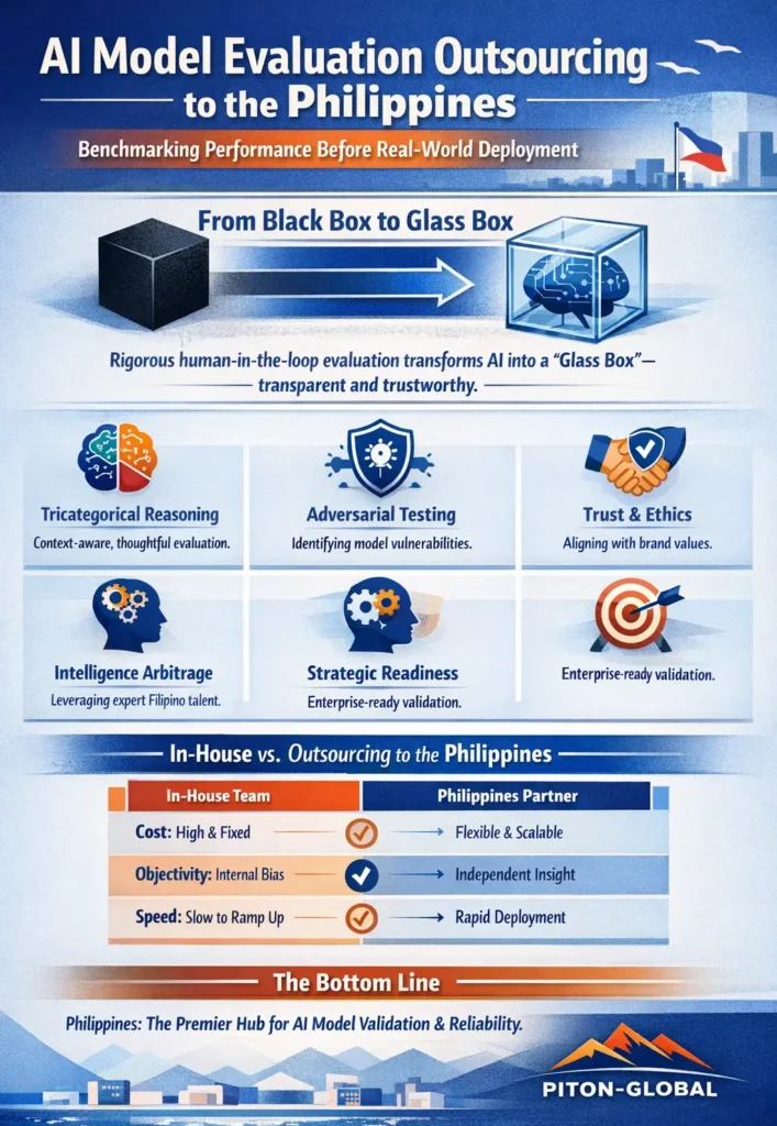 Infographic titled “AI Model Evaluation Outsourcing to the Philippines” showing the transition from a black-box AI model to a transparent “glass box” through human-in-the-loop evaluation, highlighting key capabilities such as tricategorical reasoning, adversarial testing, trust and ethics alignment, intelligence arbitrage, and strategic readiness, with a comparison showing outsourcing to Philippine AI evaluators as more scalable, objective, and cost-efficient than in-house evaluation teams.