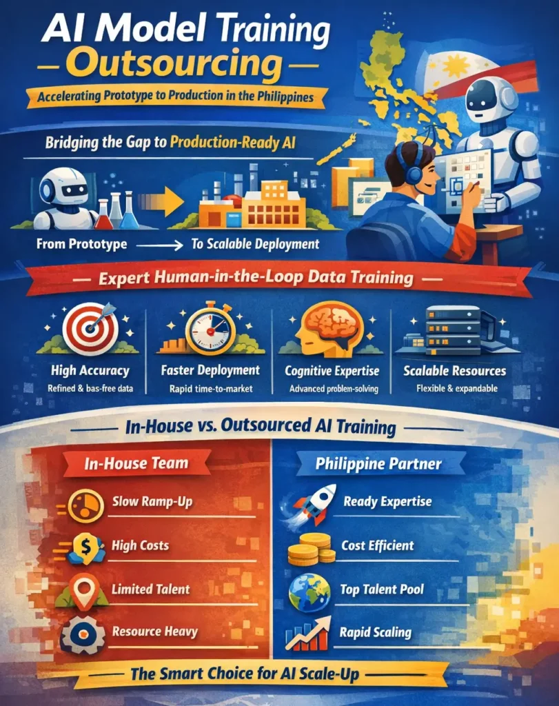 AI model training outsourcing in the Philippines using Human-in-the-Loop supervision, RLHF feedback, and high-fidelity training data to transform AI prototypes into production-ready models.